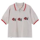 Short-sleeve Collar Flower Embroidered T-shirt White - One Size