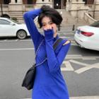 Long-sleeve Cutout Knit Dress Blue - One Size