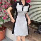 Short-sleeve Polo Neck Two-tone Knit Mini A-line Dress