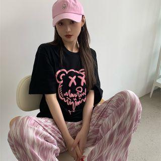 Short-sleeve Bear Print / High-waist Pleated Tie Dye Pants