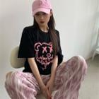 Short-sleeve Bear Print / High-waist Pleated Tie Dye Pants