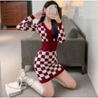 Long-sleeve V-neck Checkerboard Knit Mini Bodycon Dress
