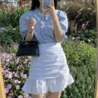 Ruffled Elbow-sleeve Top / Ruffle Hem Mini Pencil Skirt