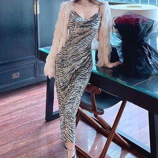 Zebra Print Spaghetti-strap Maxi A-line Dress