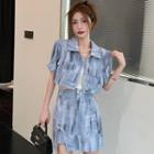 Short-sleeve Tie Dye Cropped Denim Jacket / Slit Lace-up Mini Skirt