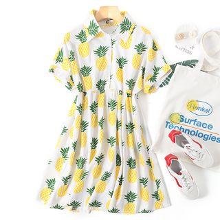 Short-sleeve Pineapple Printed Buttoned A-line Dress White - One Size