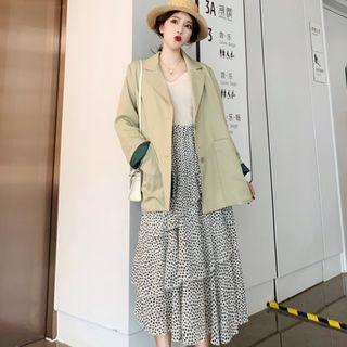Knitted Camisole Top / Midi Layered Skirt / Single-breasted Blazer