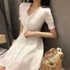 Short-sleeve Perforated A-line Mini Dress White - One Size