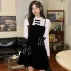 Spaghetti Strap Bow-accent Velvet Mini Dress / Long-sleeve Cheongsam Collar Blouse