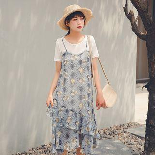 Mock Two-piece Short-sleeve Patterned Midi Dress