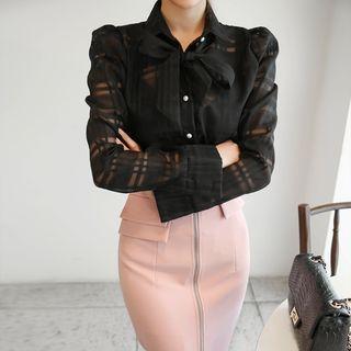 See-through Check Blouse With Tie