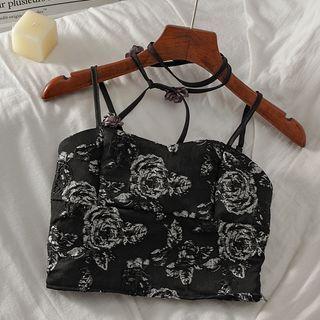 Halter-neck Rose Pattern Camisole Top Black - One Size