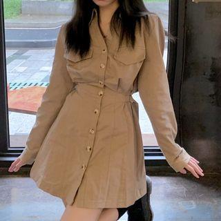 Long-sleeve Lapel Cargo Button-up A-line Dress