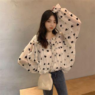 Printed Chiffon Ruffle Long-sleeve Blouse White - One Size