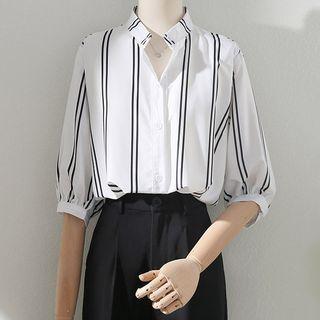 Elbow-sleeve Stand-collar Color Block Striped Shirt