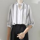 Elbow-sleeve Stand-collar Color Block Striped Shirt