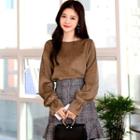 Round-neck Puff-sleeve Corduroy Top