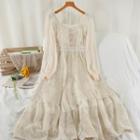 Long-sleeve Lace Trim Embroidered A-line Dress