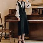 Set: Lantern-sleeve Dotted Shirt + Midi Pinafore Dress