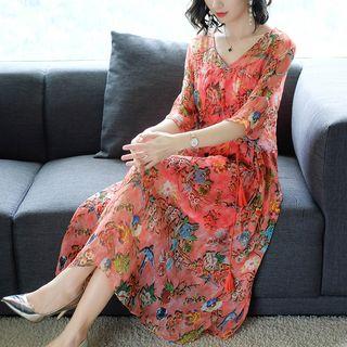 Floral Print Elbow-sleeve A-line Silk Dress