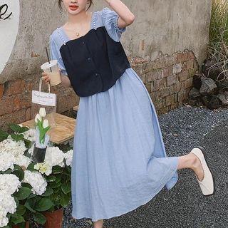 Mock Two-piece Short-sleeve Beaded Midi A-line Dress