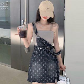 Mesh Panel Camisole Top / Frayed Denim Overall Dress