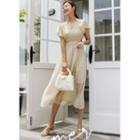 Bell-sleeve Shirred Maxi Wrap Dress Beige - One Size
