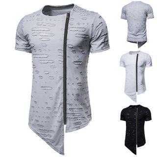 Short-sleeve Distressed Zipped T-shirt