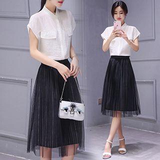 Set: Plain Short-sleeve Blouse + Mesh Midi Skirt