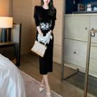 Long-sleeve Print Panel Velvet Midi Sheath Dress