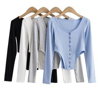 Long-sleeve Cutout Button-up Crop Top