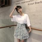 Set: Short-sleeve Embroidered T-shirt + Mini A-line Plaid Skirt