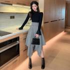 Long-sleeve Plain Furry Trim Knit Top / High-waist Houndstooth Asymmetric Long Skirt