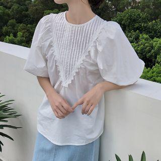 Plain Pleated Puff-sleeve Shirt