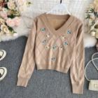 V-neck Embroidered Knitted Sweater