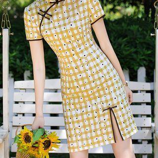 Floral Print Plaid Short-sleeve Mini Qipao