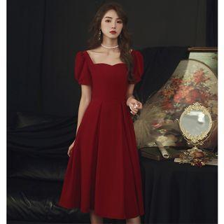 Short-sleeve Plain A-line Evening Dress