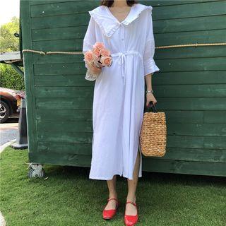 Frill Trim Plain Elbow-sleeve Collared Dress