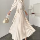Long-sleeve Tie-waist Accordion-pleat Midi A-line Dress