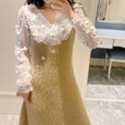 Embroidered V-neck Long-sleeve Blouse / Plain Sleeveless Dress
