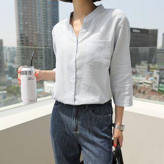 3/4-sleeve Open-placket Stripe Shirt