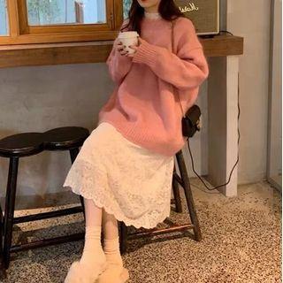 Crew-neck Sweater / Lace Long-sleeve Midi Shift Dress / Set