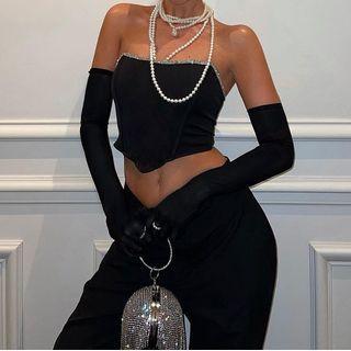Rhinestone Tube Crop Top With Gloves