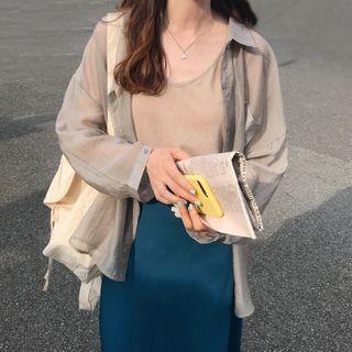 Long-sleeve Sheer Shirt / Tank Top / A-line Midi Skirt