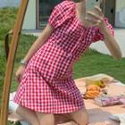 Gingham Puff-sleeve Mini A-line Dress