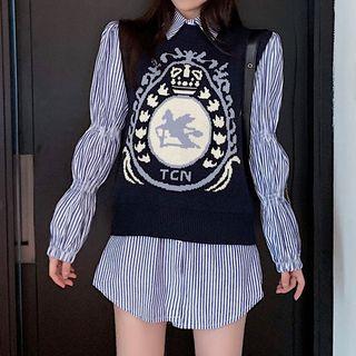 Striped Blouse / Knitted Print Waistcoat