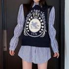 Striped Blouse / Knitted Print Waistcoat