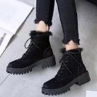 Low Heel Furry Trim Lace Up Ankle Boots
