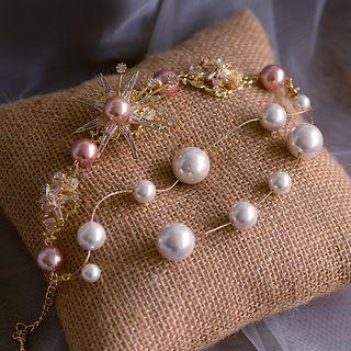 Bridal Faux Pearl Rhinestone Bracelet Gold - One Size