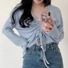 Long-sleeve Drawcord Knit Top Grayish Blue - One Size